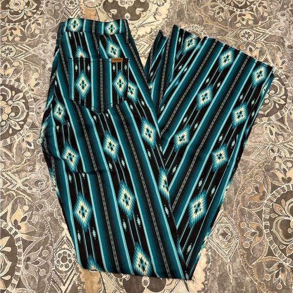 Rock & Roll Denim Pants - Rock and Roll Patterned Pants in Teal and Black